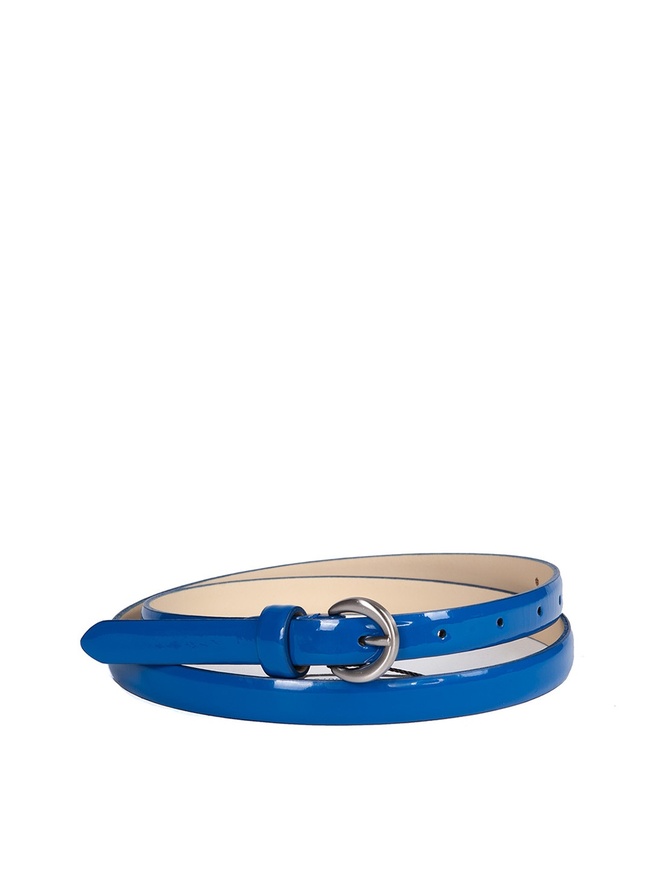 Узкий женский ремень из натуральной лаковой кожи с круглой матовой пряжкой