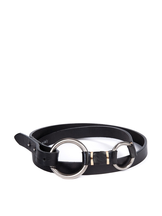 Узкий женский ремень из натуральной кожи с декором на двух серебристых кольцах