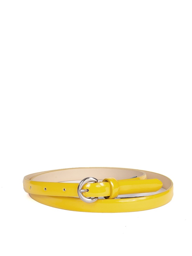 Узкий женский ремень из натуральной лаковой кожи с круглой матовой пряжкой