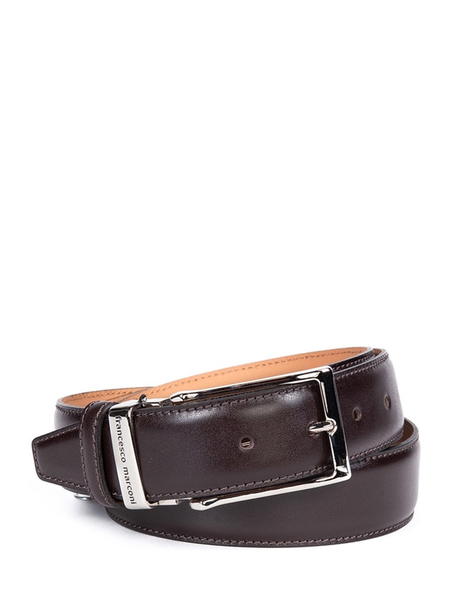 Мужской ремень на пояс из гладкой темно-коричневой кожи с хромированной пряжкой