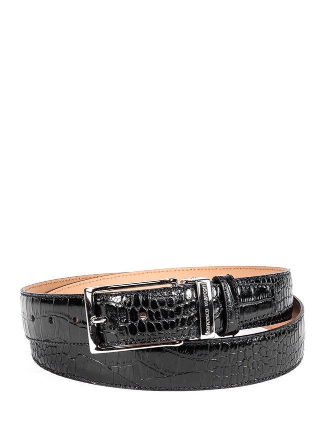 Мужской брючный ремень из плотной глянцевой кожи с тиснением под крокодила