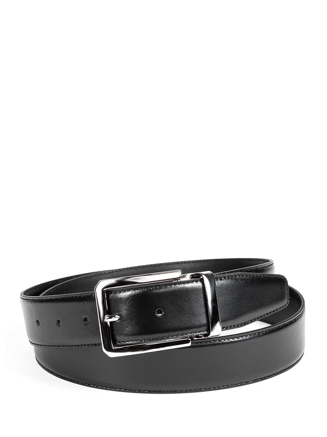 Классический мужской ремень из черной гладкой кожи с хромированной пряжкой