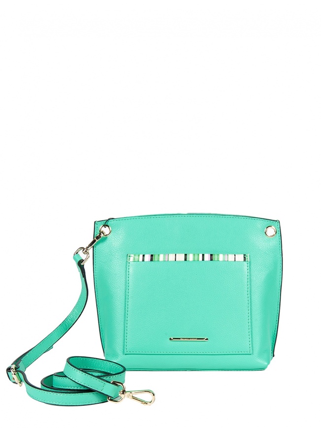 небольшая женская сумочка из мягкой ментоловой кожи с контрастной вставкой