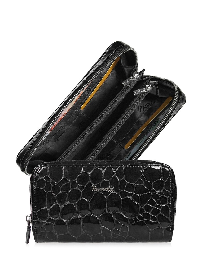 Объемный женский кошелёк на молнии из лаковой кожи с тиснением под крокодила