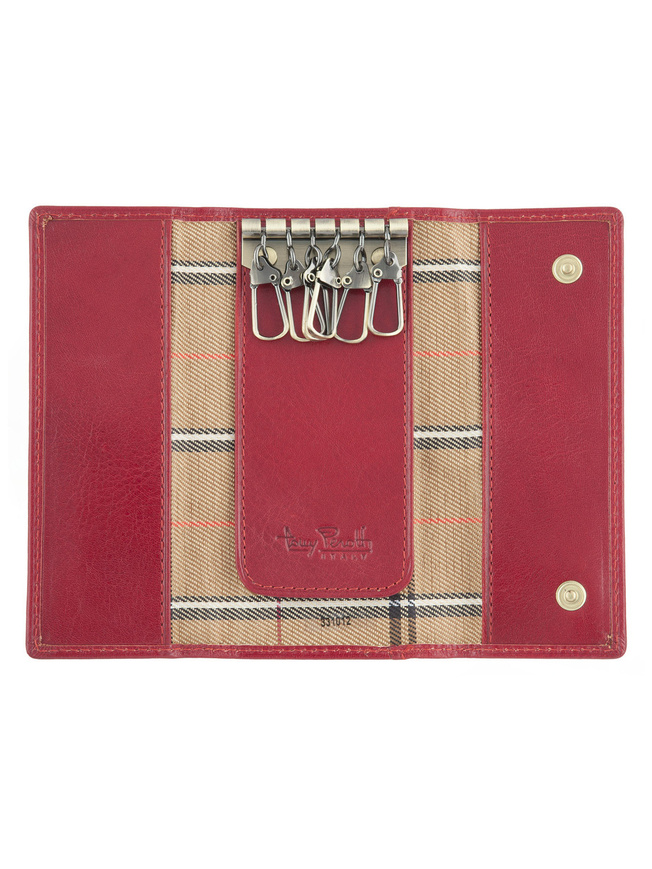 Красная кожаная ключница с карабинами на шесть ключей