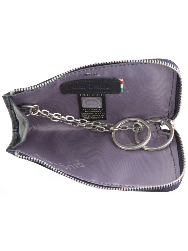 Синяя кожаная ключница с двумя кольцами на цепочке