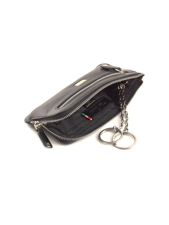 Черная кожаная ключница с двумя кольцами на цепочке