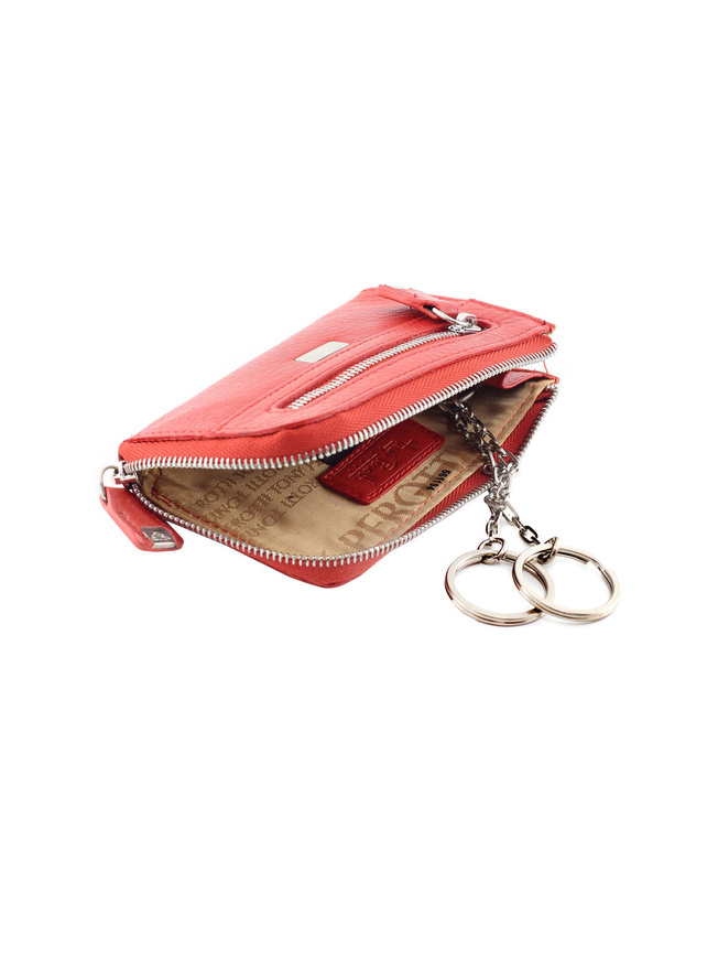 Красная кожаная ключница с двумя кольцами на цепочке