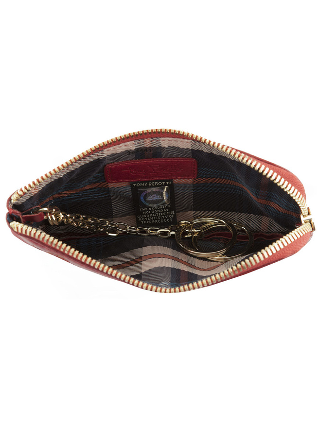 Красная кожаная ключница с двумя кольцами на цепочке