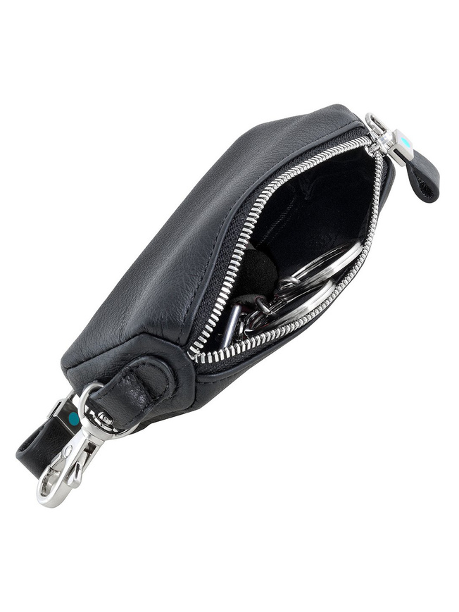 Черная кожаная ключница с двумя кольцами и карабином