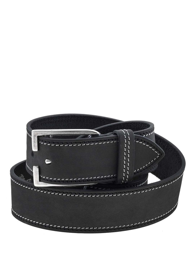Широкий мужской ремень на пояс из черной матовой кожи с серой строчкой