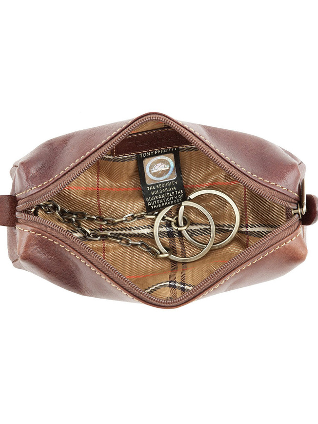 Коричневая кожаная ключница с двумя кольцами на цепочке