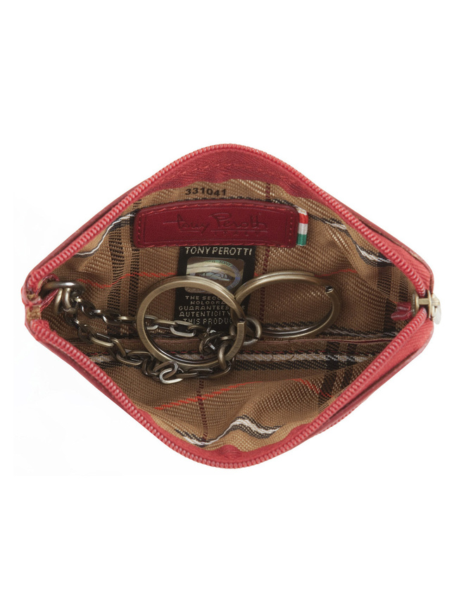 Красная кожаная ключница с двумя кольцами на цепочке