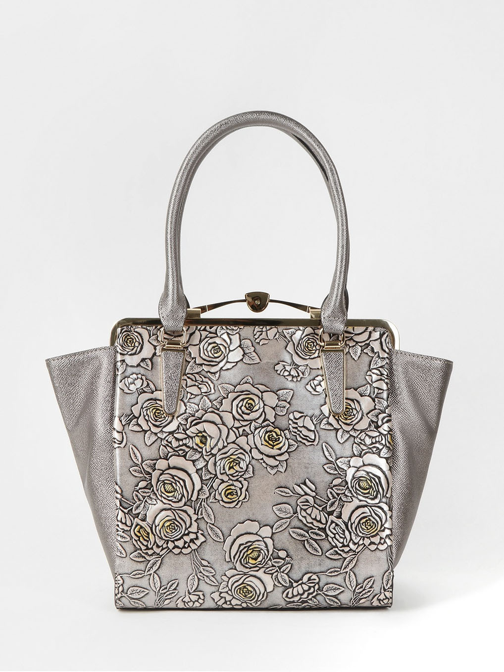 Фото Трапециевидная сумка-тоут из серебристой кожи с саквожяным замком Классические сумки