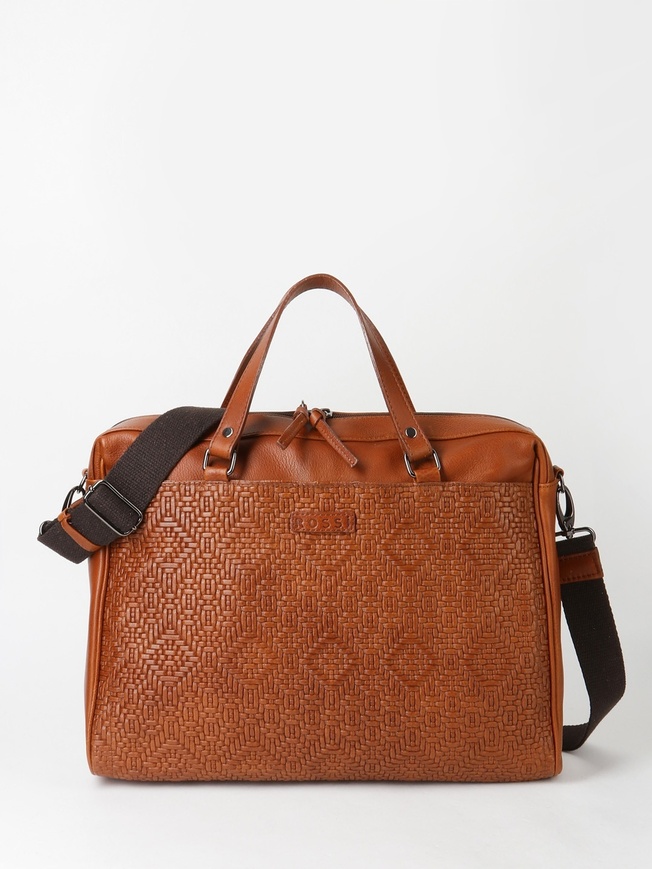 Деловая сумка из натуральной плетеной кожи коньячного оттенка