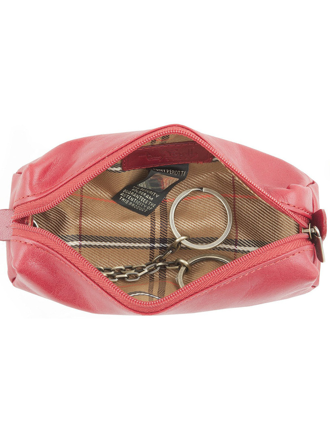 Красная кожаная ключница с двумя кольцами на цепочке