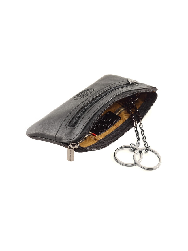 Черная кожаная ключница с двумя кольцами на цепочке