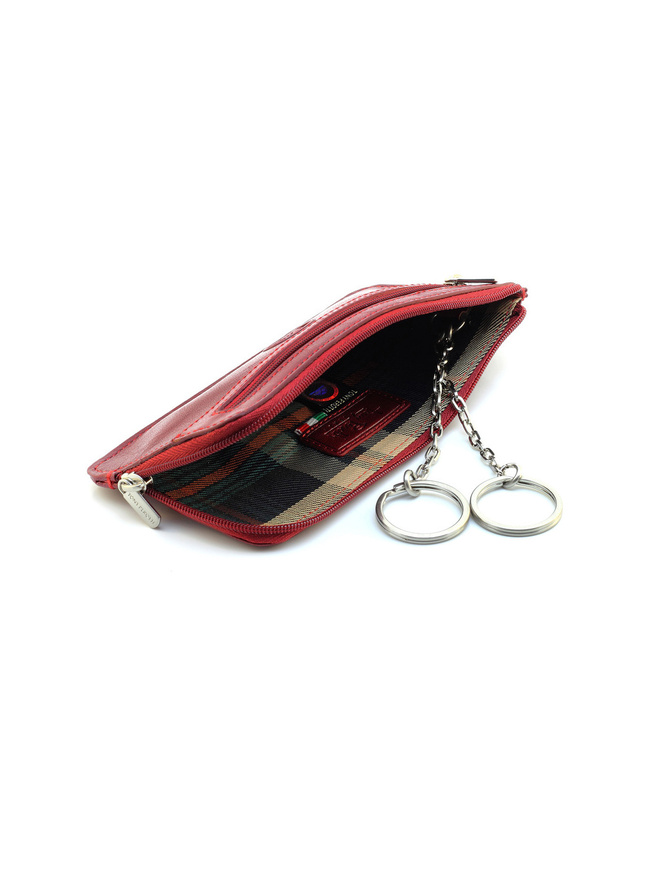 Красная кожаная ключница с двумя кольцами на цепочке