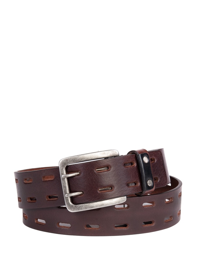 Мужской ремень для джинс из плотной кожи с крупной перфорацией и матовой пряжкой