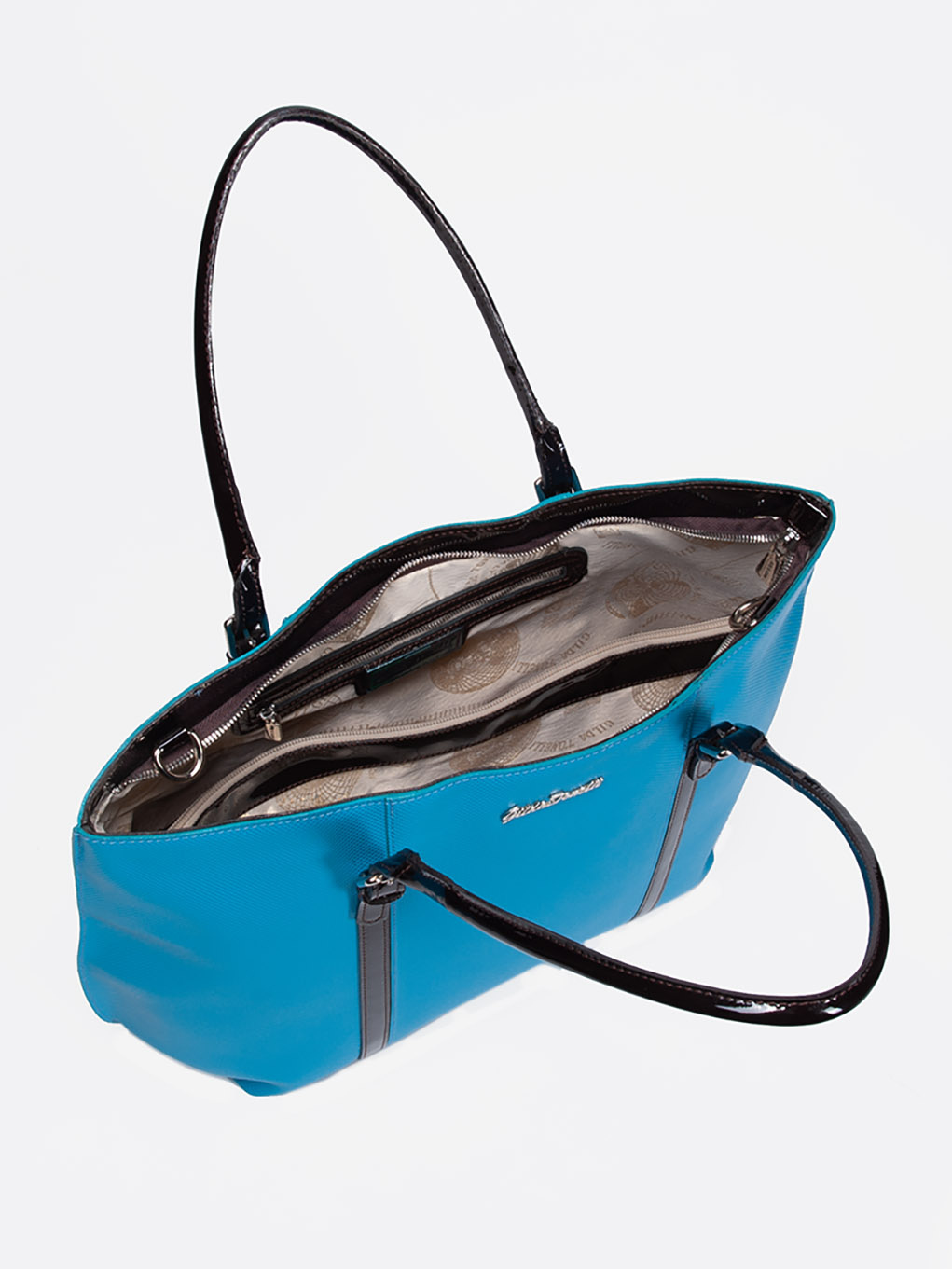 Фото Женская сумка-тоут из плотной сафьяновой кожи с коричневыми лаковыми ручками Классические сумки