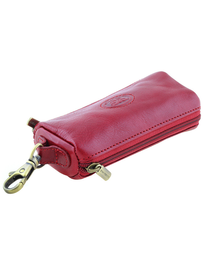 Красная кожаная ключница с двумя кольцами и карабином