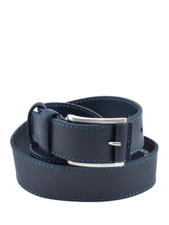 Широкий мужской ремень из темно-синей матовой кожи с контрастной строчкой