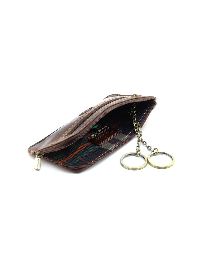 Коричневая кожаная ключница с двумя кольцами на цепочке