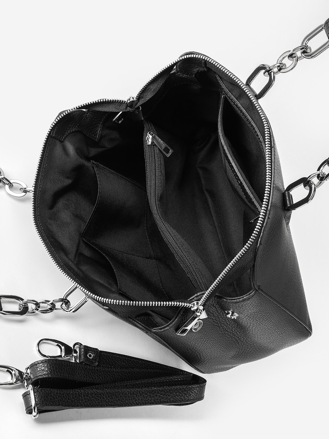 Изображение Женская сумка-тоут из черной кожи с ручками на цепях Folle 143 dollaro nero Фото Женская сумка-тоут из черной кожи с ручками на цепях Классические сумки