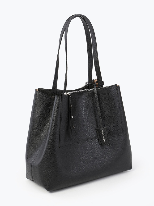 Женская сумка-шоппер из черной сафьяновой кожи со съемным отделением-косметичкой